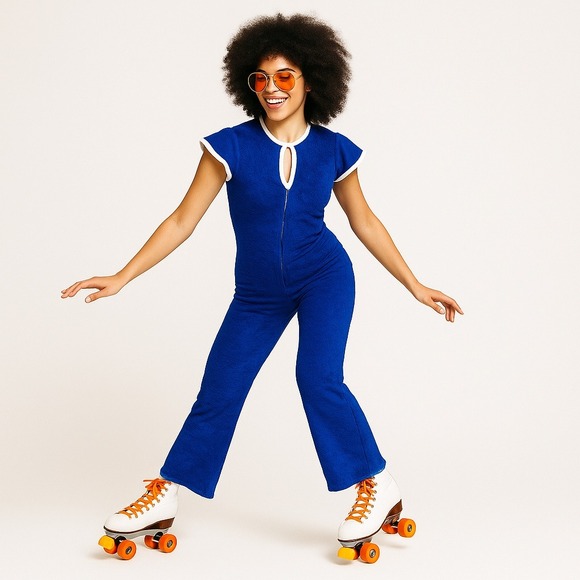 Vintage 70s Niki Lu Blue Terry Cloth Jumpsuit Romper Lounge Cap Sleeve Keyhole M - Picture 1 of 11